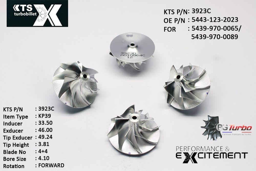 Turbo ROUE FORGÉE MFS PERFORMANCE - 4+4 PALES - INDUCER : 33,5 - EXDUCER : 46 - TYPE : KP39ANGLE : 60° - ROTATION : Forward - SUPER BACK : 2,81 - BORE SIZE : 4,1
